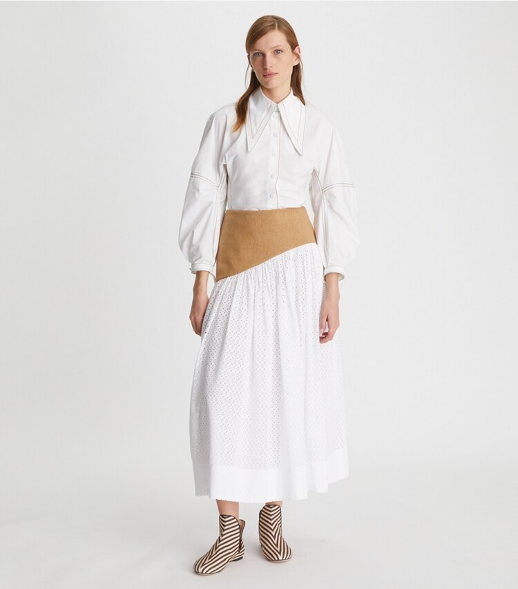 Tory Burch designer bottoms Honeycomb Eyelet Linen Burlap Skirt  in White on model front