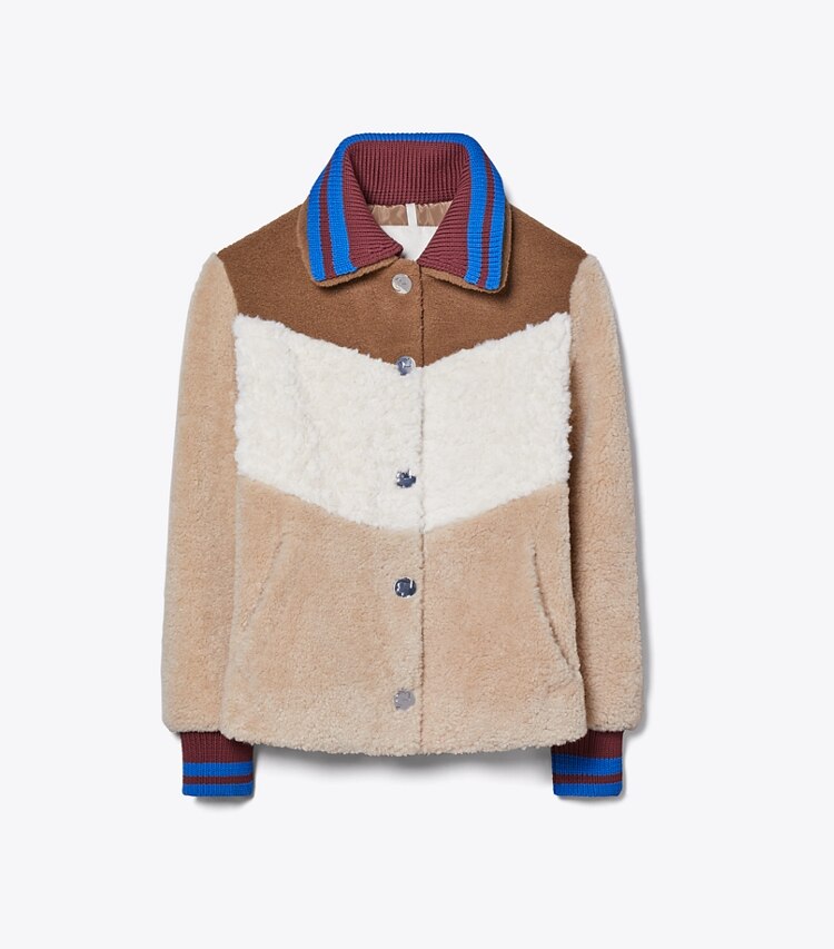 Tory Sport designer コート フード カラーブロック フリースジャケット in Brown / Ivory / Oatmeal front