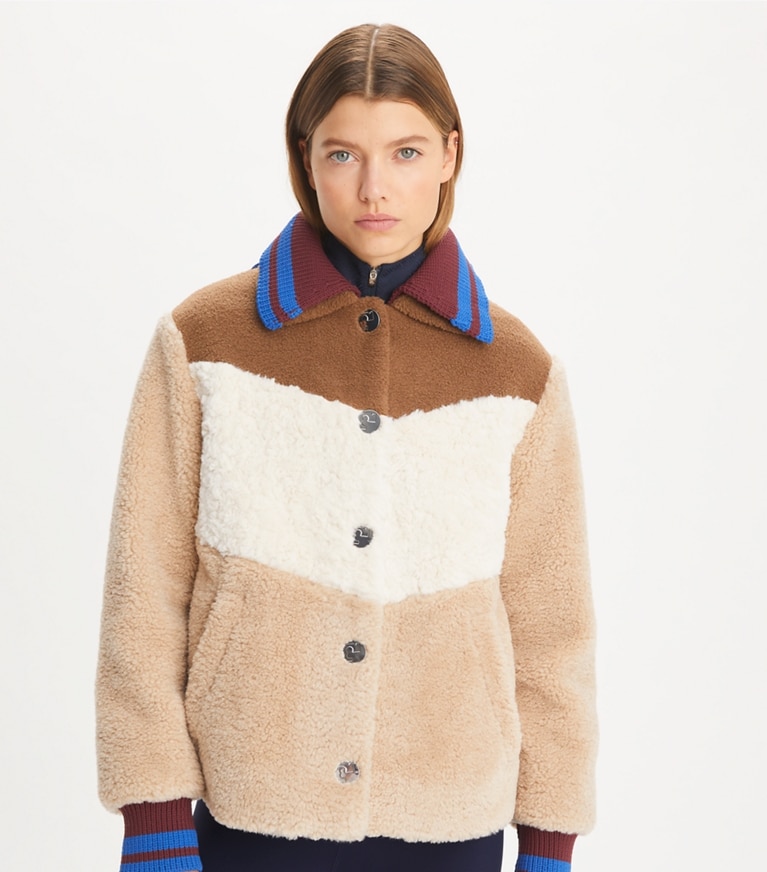 Tory Sport designer コート フード カラーブロック フリースジャケット in Brown / Ivory / Oatmeal front