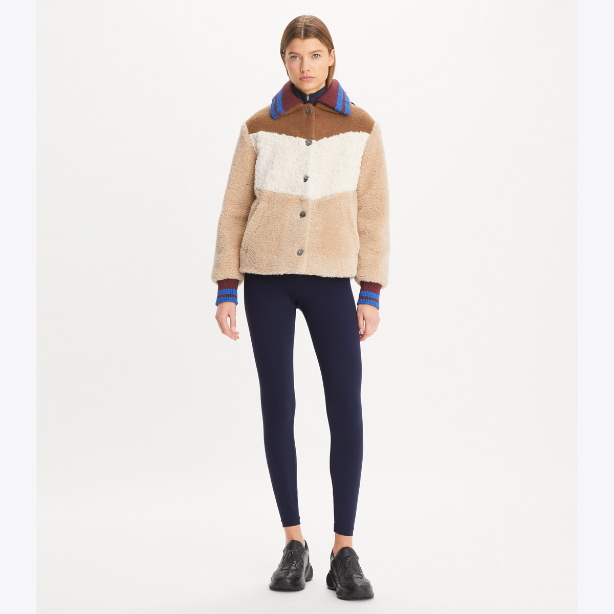 Hooded Colorblock Fleece Jacket in brown size L