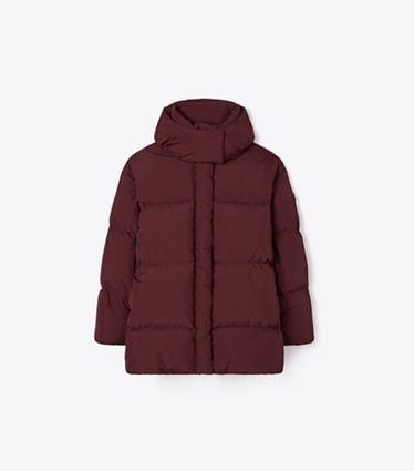 Tory Burch designer coats Hooded Down Nylon Jacket in Mahogany front