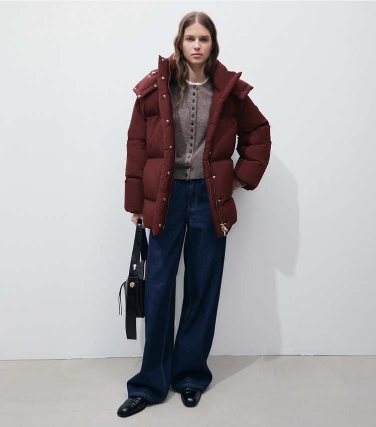 Tory Burch designer coats Hooded Down Nylon Jacket in Mahogany on model front