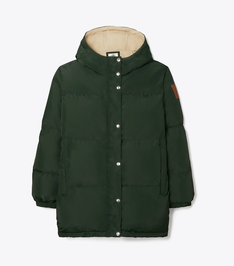 Tory Sport designer jackets Hooded Mid Down Jacket in Conifer front