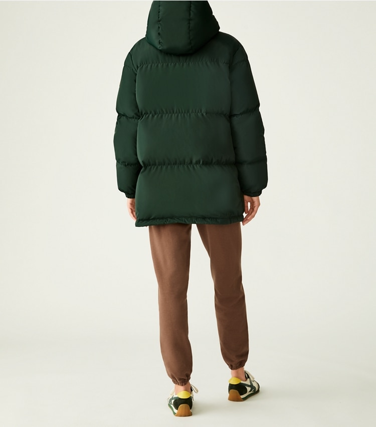 Tory Sport designer jackets Hooded Mid Down Jacket in Conifer on model back