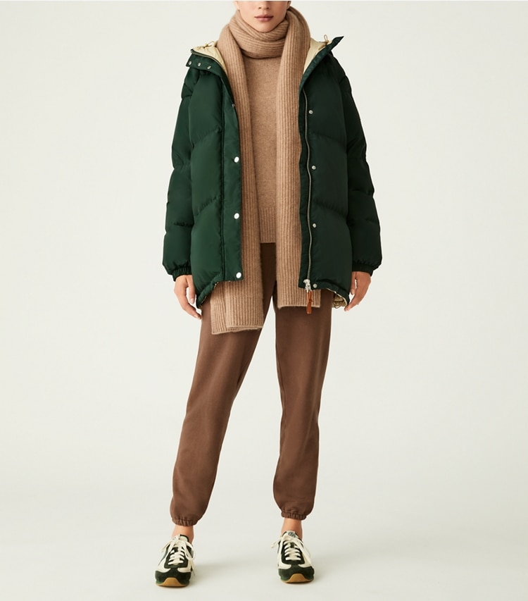 Tory Sport designer jackets Hooded Mid Down Jacket in Conifer on model front
