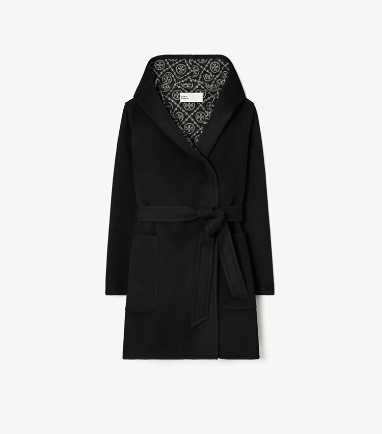 Tory Burch designer coats Hooded Wool Coat in Black/Gray T Monogram front