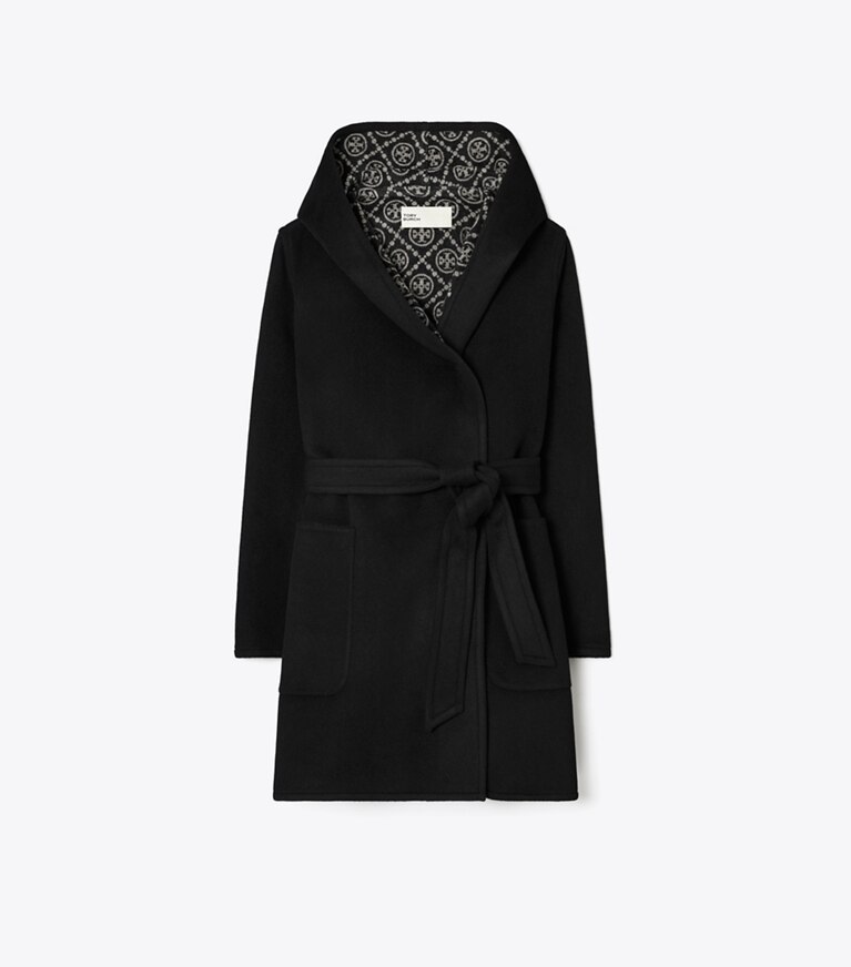 Tory Burch designer coats Hooded Wool Coat in Black/Gray T Monogram front