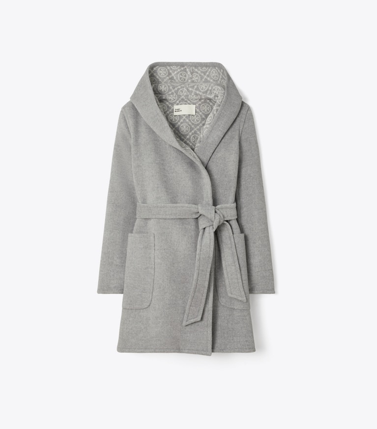 Tory Burch designer coats Hooded Wool Coat in Gray T Monogram front