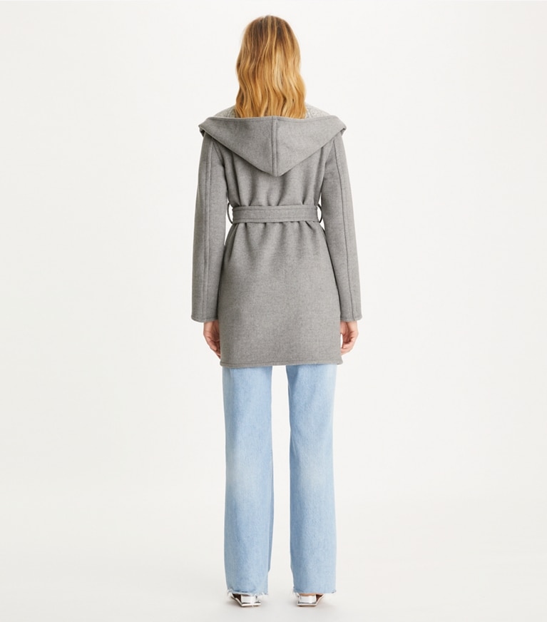Tory Burch designer coats Hooded Wool Coat in Gray T Monogram front