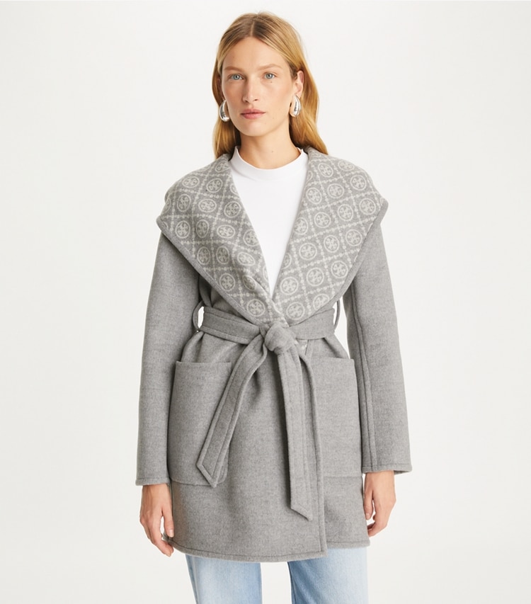 Tory Burch designer coats Hooded Wool Coat in Gray T Monogram on model detail