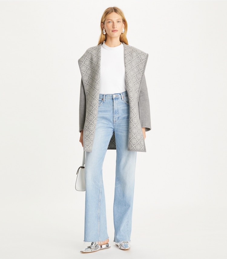 Tory Burch designer coats Hooded Wool Coat in Gray T Monogram on model front