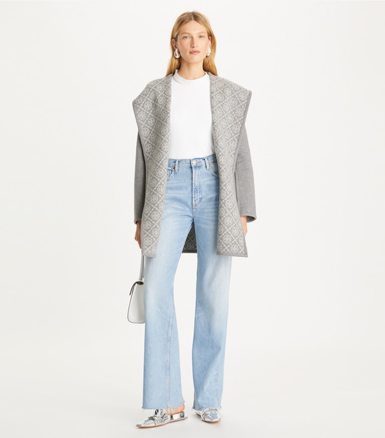 Tory Burch designer coats Hooded Wool Coat in Gray T Monogram front