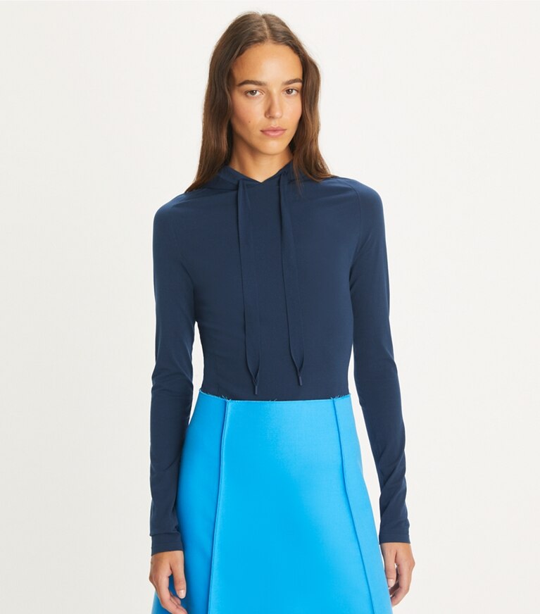 Tory Burch designer strickware Hoodie aus Nylon in Dark Ocean Blue front