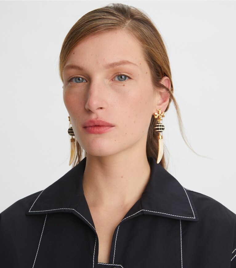 Tory Burch designer earrings Horn Drop Earring in Rolled Tory Gold / Navy Multi front