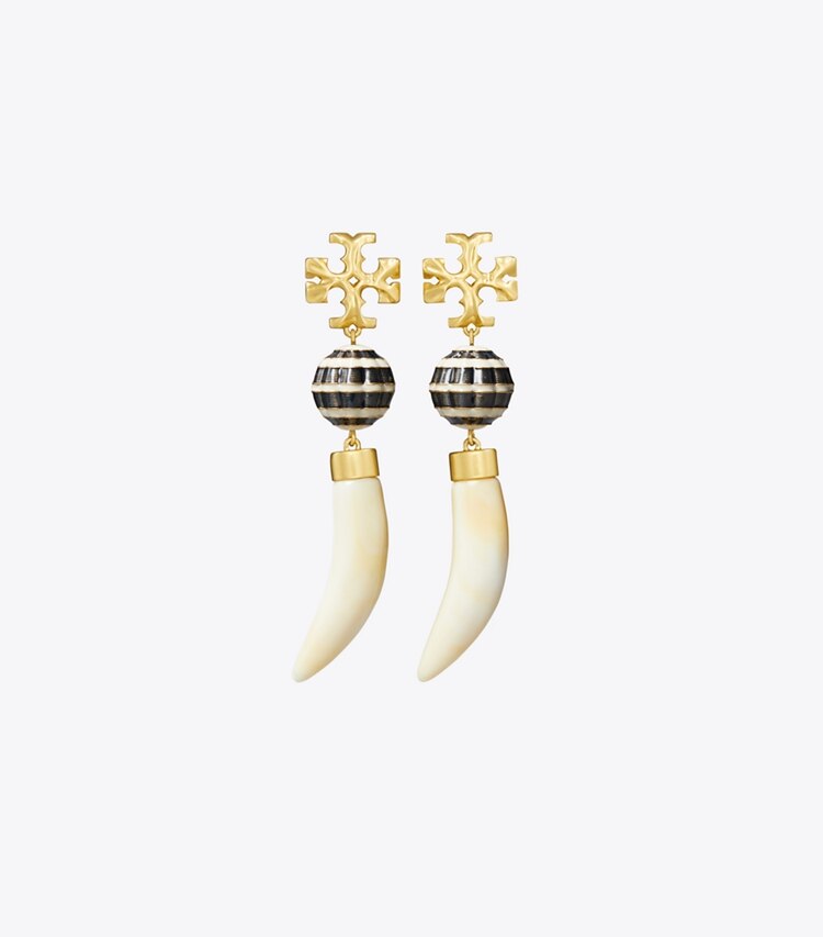 Tory Burch designer earrings Horn Drop Earring in Rolled Tory Gold / Navy Multi front