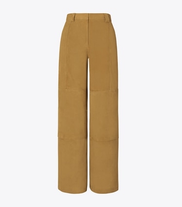 Tory Burch designer unterteile Hose aus Wildleder mit lockerer Passform in Hazelnut Suede front