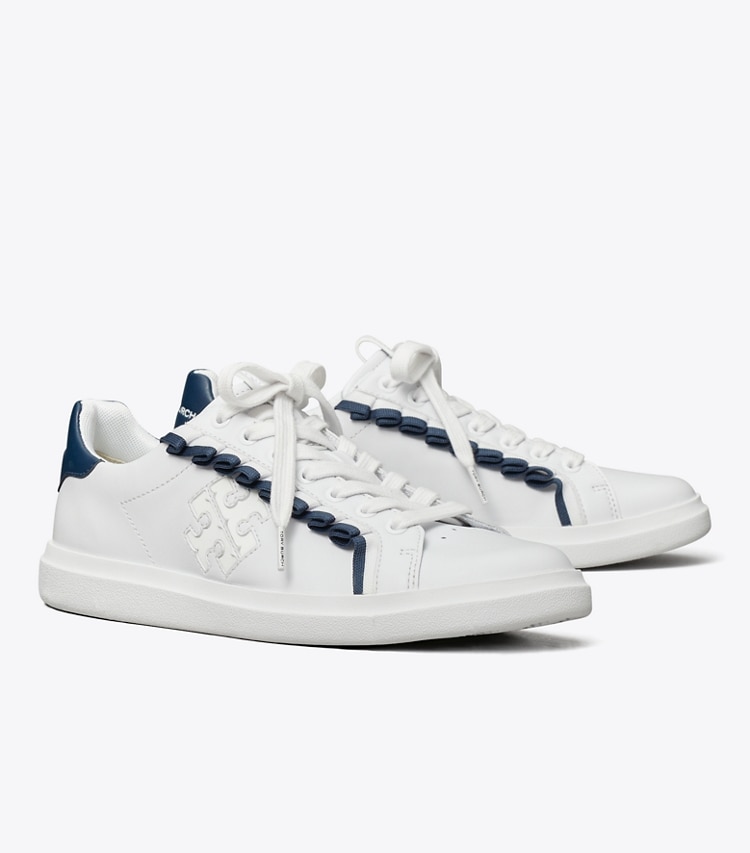 Tory Burch designer sneakers Howell Court Ruffle Sneaker in TITANIUM WHITE / NIGHT VOYAGE angle