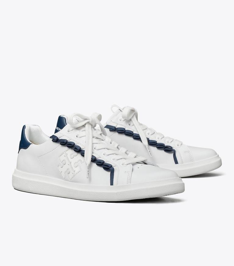 Tory Burch designer sneakers Howell Court Ruffle Sneaker in TITANIUM WHITE / NIGHT VOYAGE angle