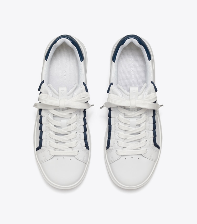 Tory Burch designer sneakers Howell Court Ruffle Sneaker in TITANIUM WHITE / NIGHT VOYAGE overhead