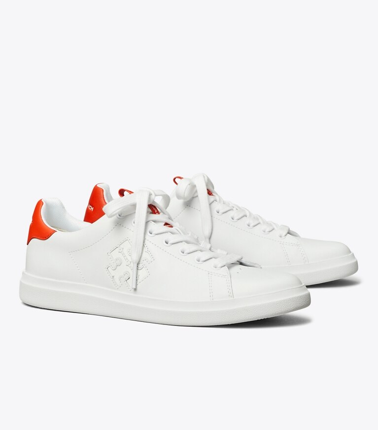 Tory Burch designer sneakers Howell Court Sneaker in WHITE / DESERT FLOWER ORANGE angle