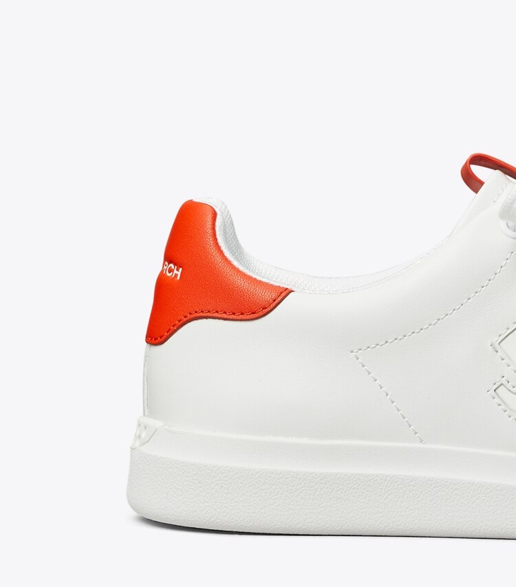 Tory Burch designer sneakers Howell Court Sneaker in WHITE / DESERT FLOWER ORANGE detail