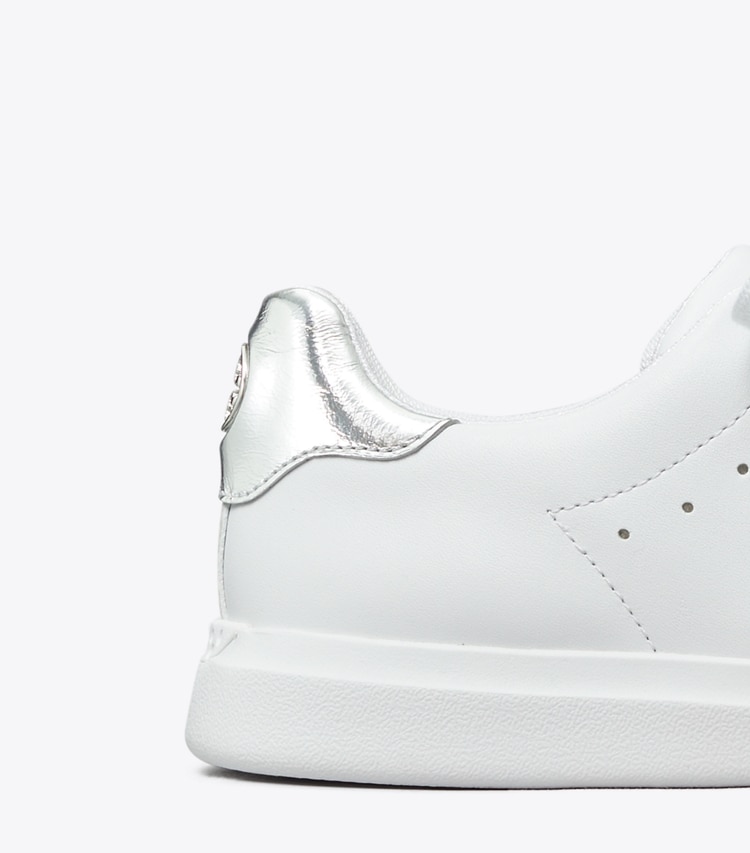 Tory Burch designer sneakers Howell Court Sneaker in Titanium White / Silver detail