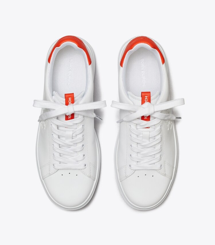 Tory Burch designer sneakers Howell Court Sneaker in WHITE / DESERT FLOWER ORANGE overhead