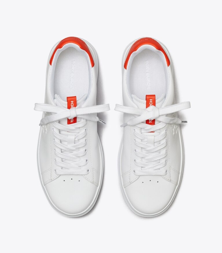 Tory Burch designer sneakers Howell Court Sneaker in WHITE / DESERT FLOWER ORANGE overhead