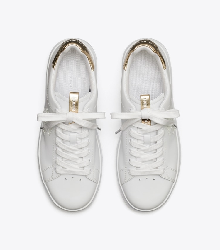 Tory Burch designer sneakers Howell Court Sneaker in Titanium White / Spark Gold overhead