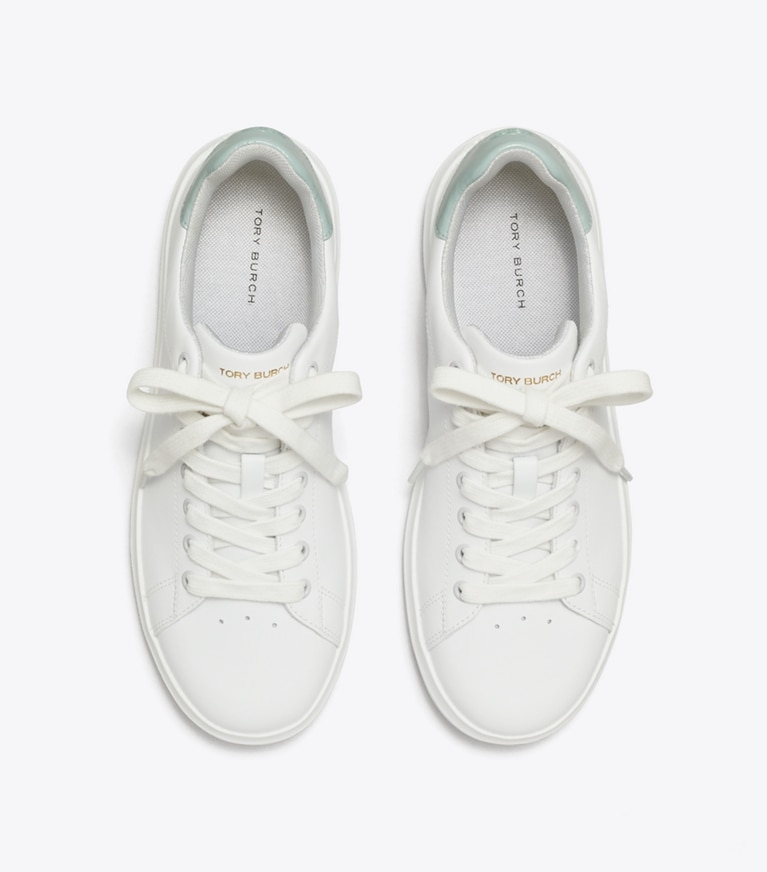 Tory Burch designer sneakers Howell Court Sneaker in TITANIUM WHITE / SEA BUBBLE angle