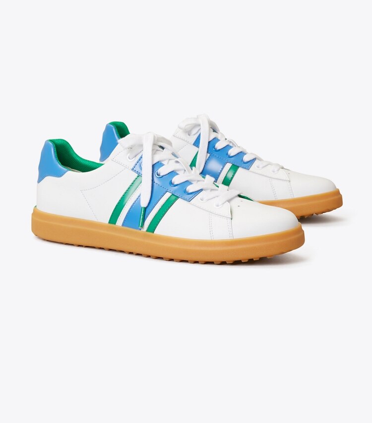 Tory Sport designer sneakers Howell Court Striped Golf Sneaker in Titanium White/Volley Blue/Vineyard angle