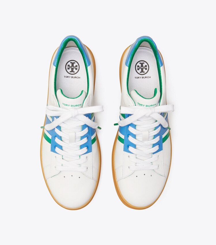 Tory Sport designer sneakers Howell Court Striped Golf Sneaker in Titanium White/Volley Blue/Vineyard overhead