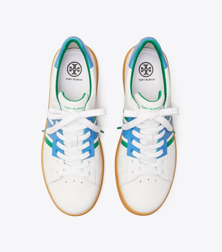 Tory Sport designer sneakers Howell Court Striped Golf Sneaker in Titanium White/Volley Blue/Vineyard angle