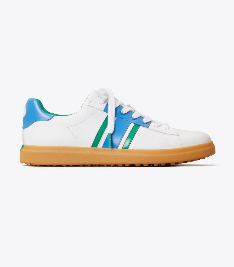 Tory Sport designer sneakers Howell Court Striped Golf Sneaker in Titanium White/Volley Blue/Vineyard side