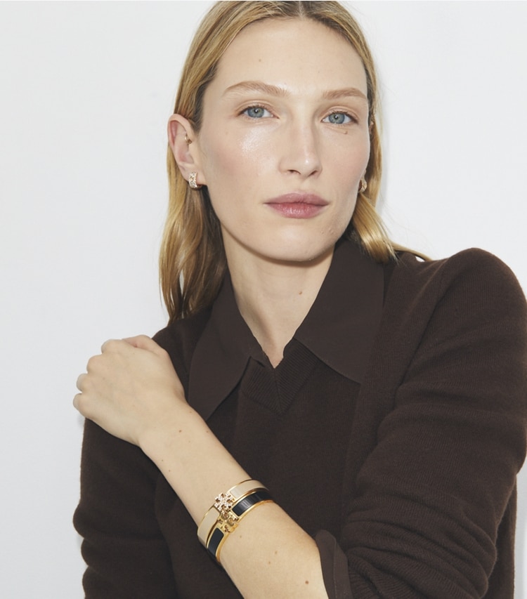 Tory Burch designer bracelets Icon Bracelet in Tory Gold / Red / Crystal accessory on model