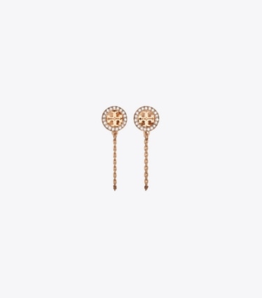 Tory Burch designer earrings Icon Chain Earrings in Tory Gold / Crystal front