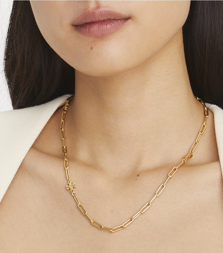 Tory Burch designer necklaces Icon Chain Necklace in Tory Gold accessory on model