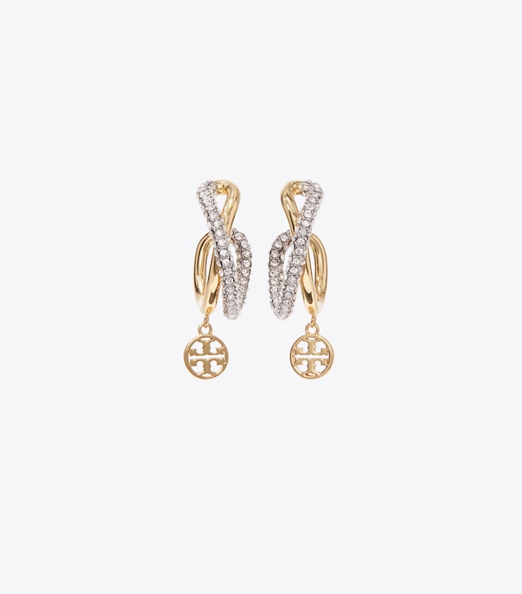 Tory Burch designer earrings Icon Crisscross Hoop Earrings in Light Silver / Light Brass / Crystal detail