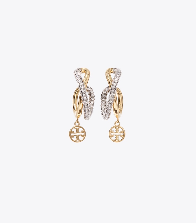 Tory Burch designer earrings Icon Crisscross Hoop Earrings in Light Silver / Light Brass / Crystal detail