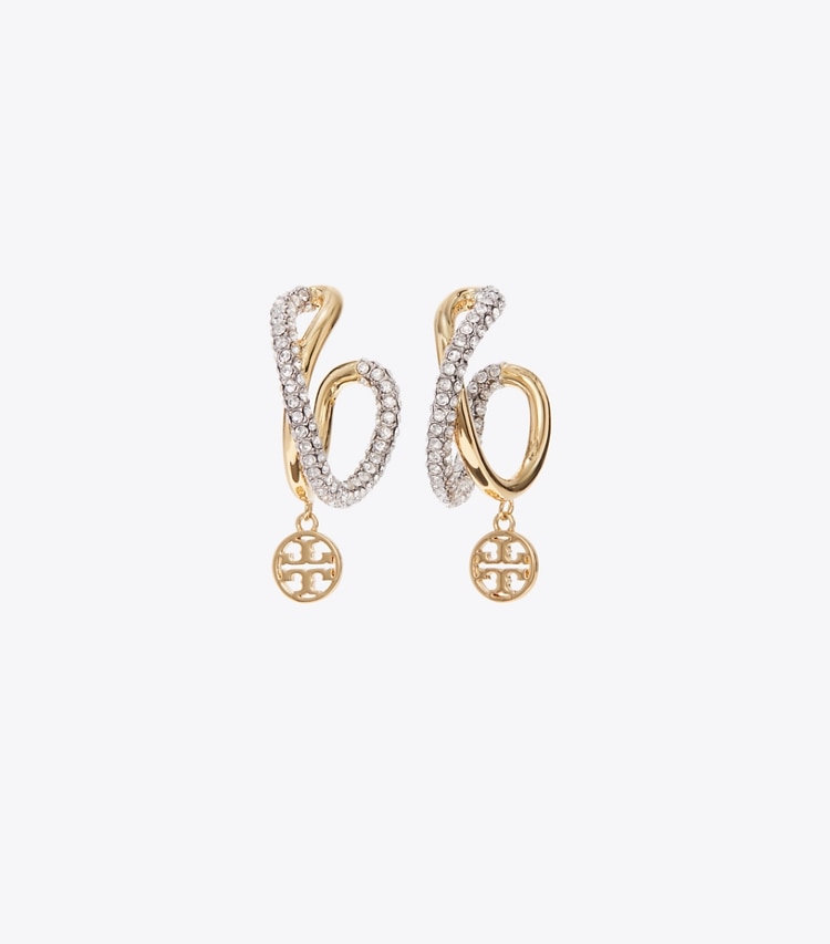 Tory Burch designer earrings Icon Crisscross Hoop Earrings in Light Silver / Light Brass / Crystal front