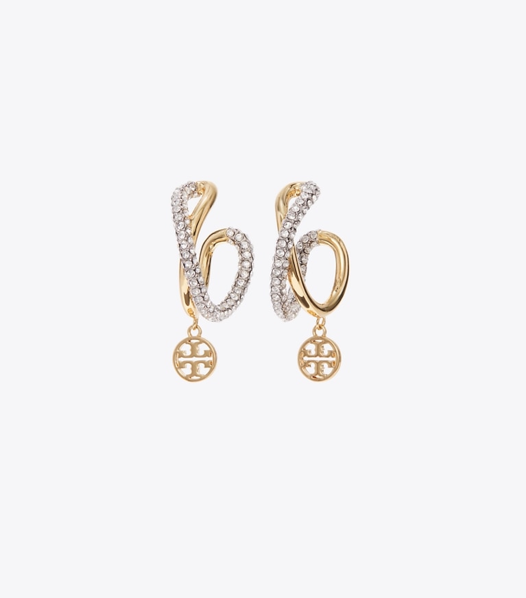 Tory Burch designer earrings Icon Crisscross Hoop Earrings in Light Silver / Light Brass / Crystal front