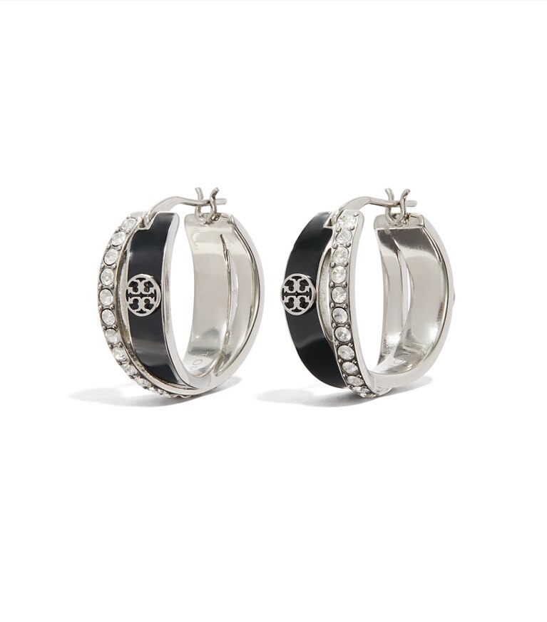 Tory Burch designer ohrringe Icon Doppelcreolen aus Emaille in Tory Silver / BLACK / Crystal additional