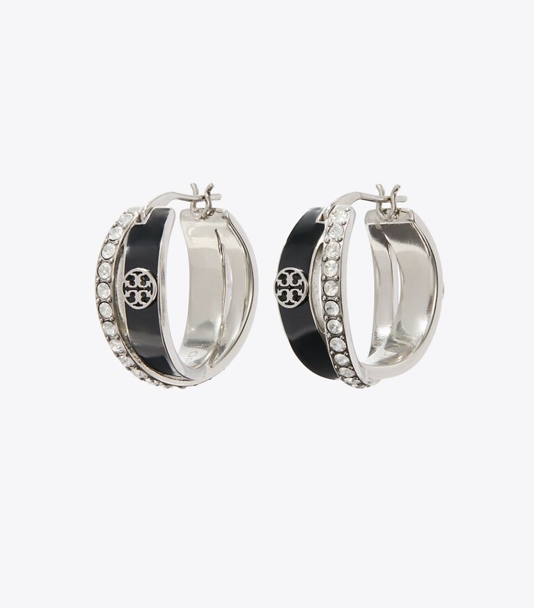 Tory Burch designer ohrringe Icon Doppelcreolen aus Emaille in Tory Silver / BLACK / Crystal front