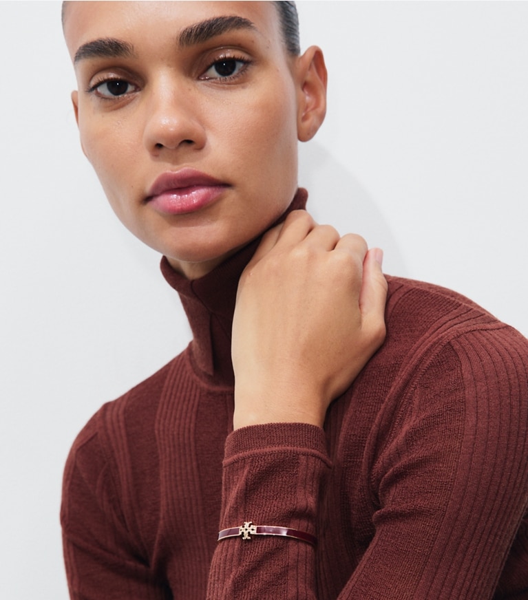 Tory Burch designer bracelets Icon Enamel and Pavé Cuff in Burgundy / Tory Gold / Crystal accessory on model