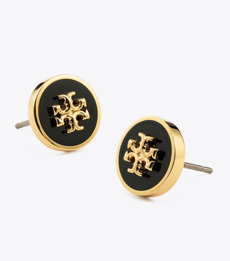 Tory Burch designer earrings Icon Enamel Circle-Stud Earrings in Tory Gold / Black front
