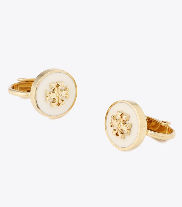 Tory Burch designer イヤリング＆ピアス キラ エナメル サークルスタッズ クリップオンイヤリング in Tory Gold / New Ivory front