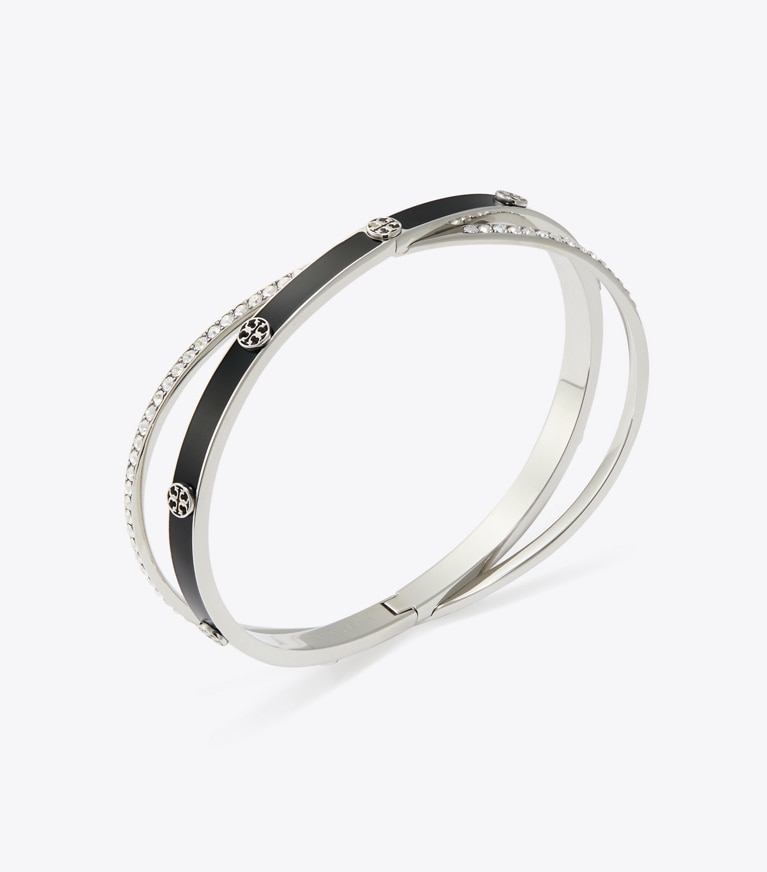 Tory Burch designer bracelets Icon Enamel Crisscross Bangle in Light Silver / BLACK / Crystal detail