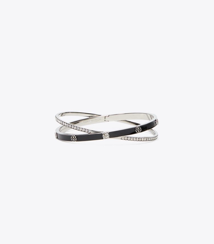 Tory Burch designer bracelets Icon Enamel Crisscross Bangle in Light Silver / BLACK / Crystal front