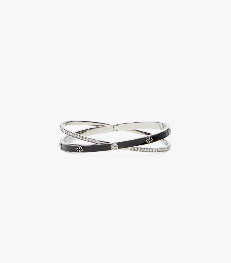 Tory Burch designer bracelets Icon Enamel Crisscross Bangle in Light Silver / BLACK / Crystal front