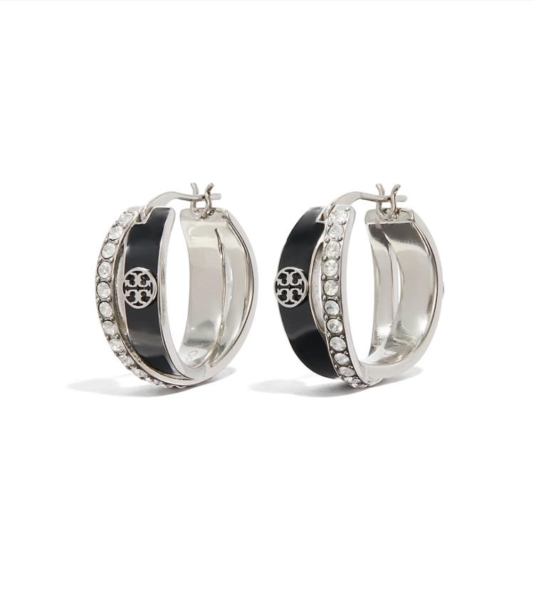 Tory Burch designer earrings Icon Enamel Double Hoop Earrings in Tory Silver / BLACK / Crystal additional